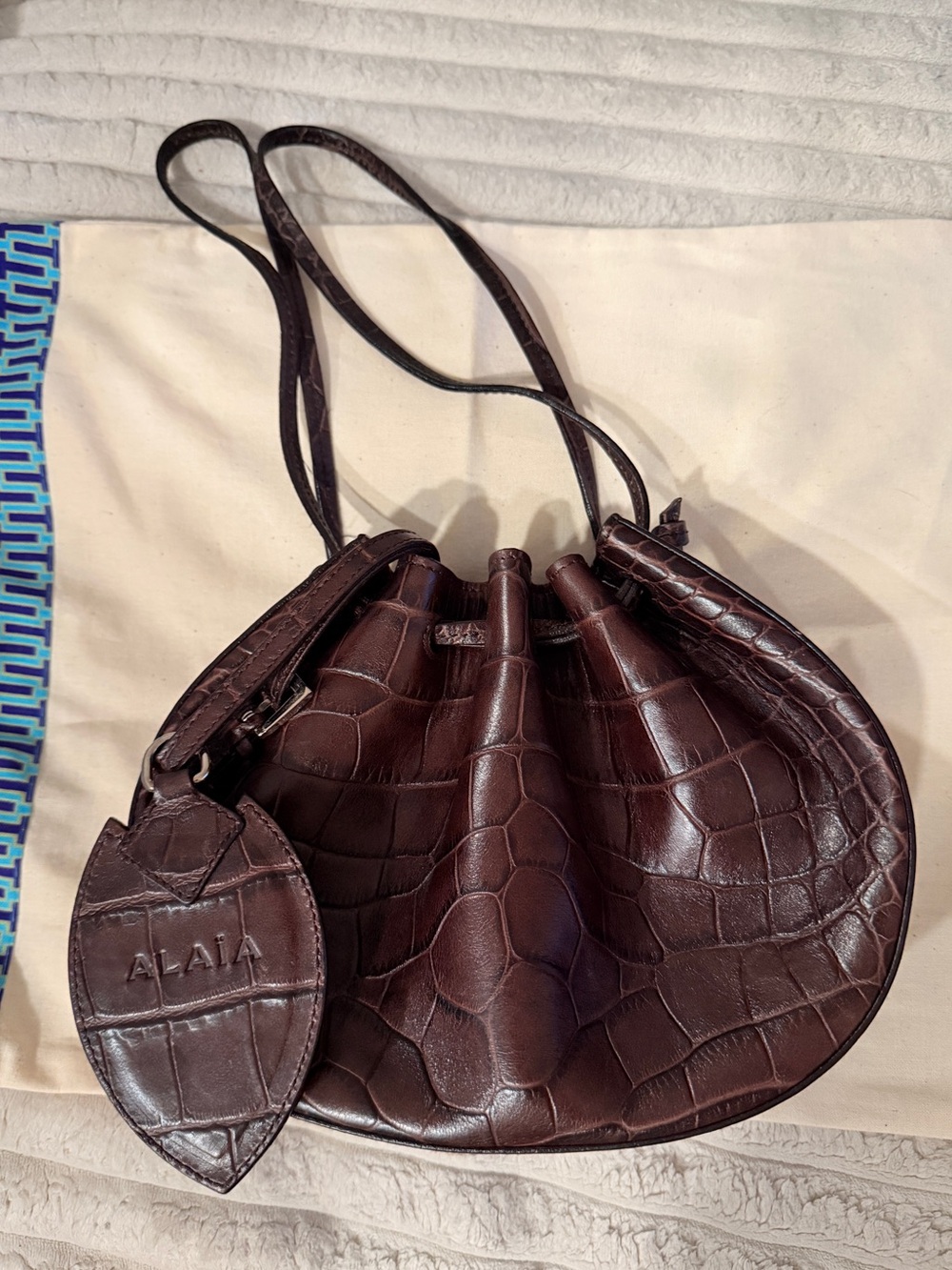 Alaïa Brown Croc-Embossed Leather Drawstring Shoulder Bag